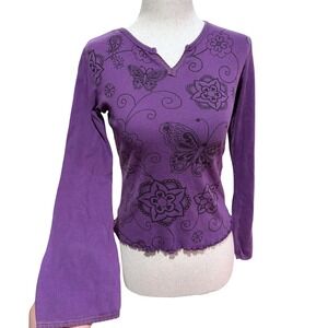 Y2K Soda Fizz Purple Butterfly Floral Print Long Sleeve Top Sz M